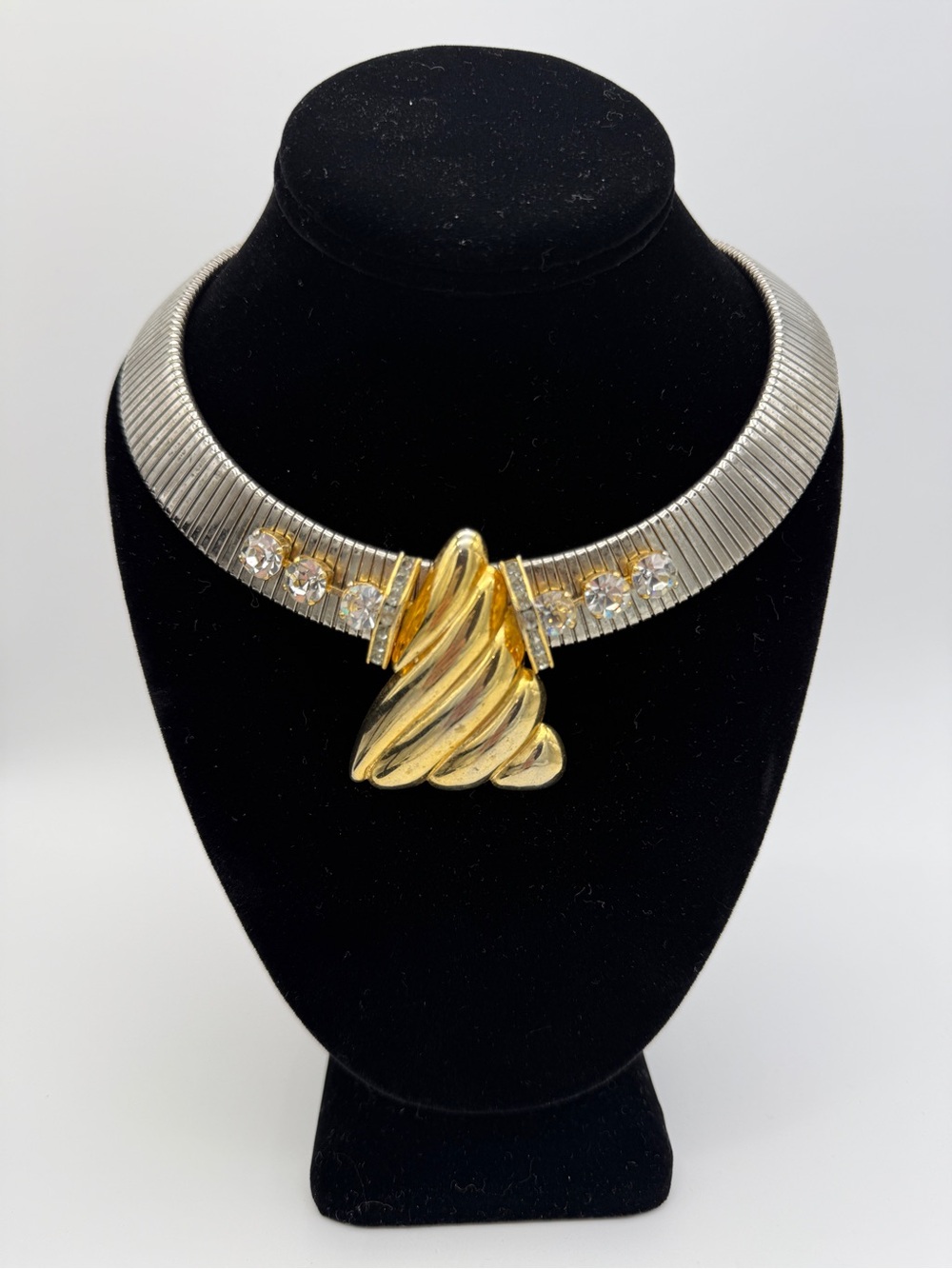 Vintage 1980s Two Tone Rhinestone Accordion Collar Statement Necklace